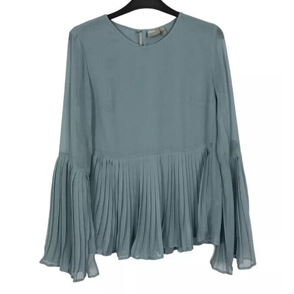 ASOS Pleated Blouse Turquoise Blue / Green Top Peplum Hem Semi Sheer Flared Sz 2 - Picture 6 of 12